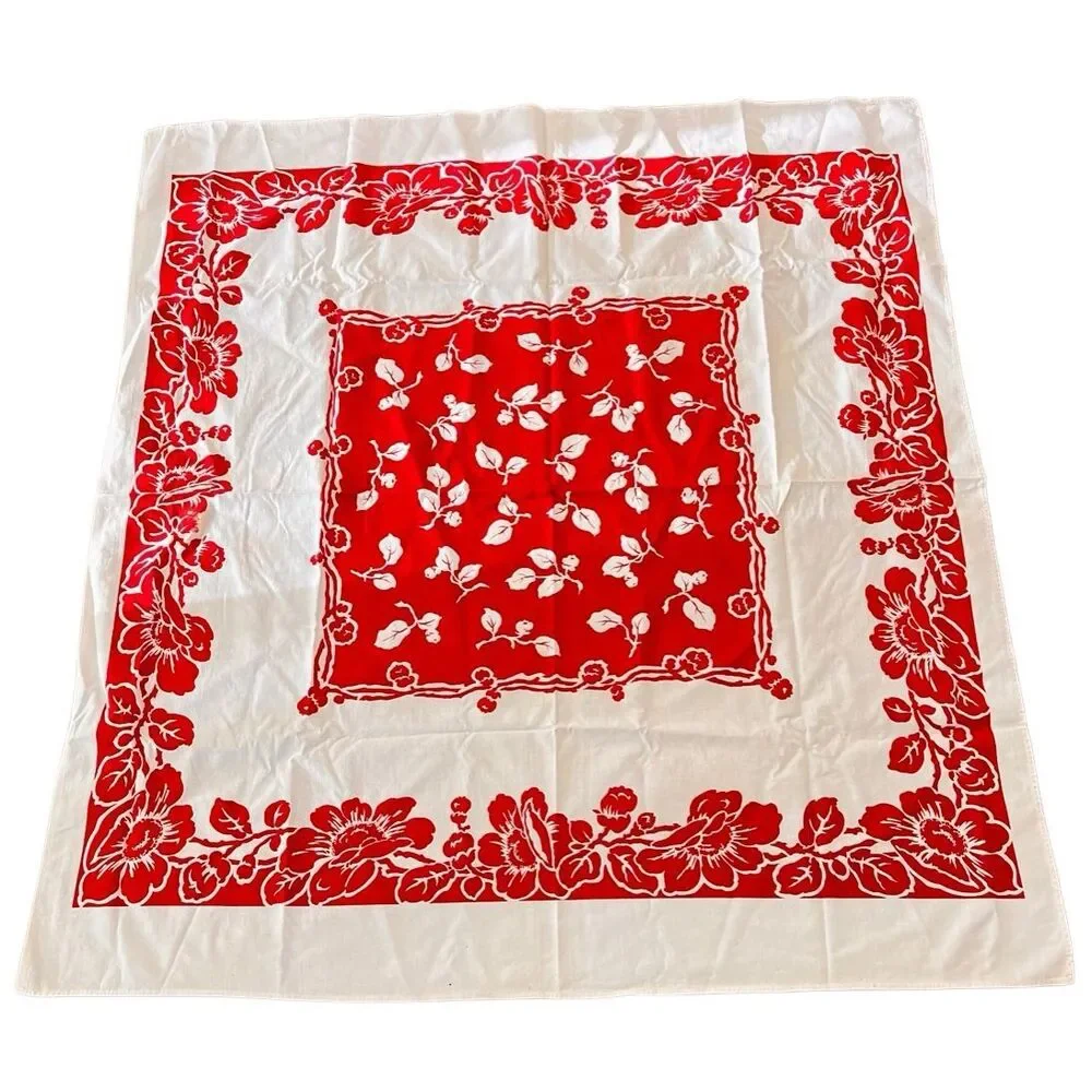 Vintage Springmaid Red and White Flowered Tablecloth See Details